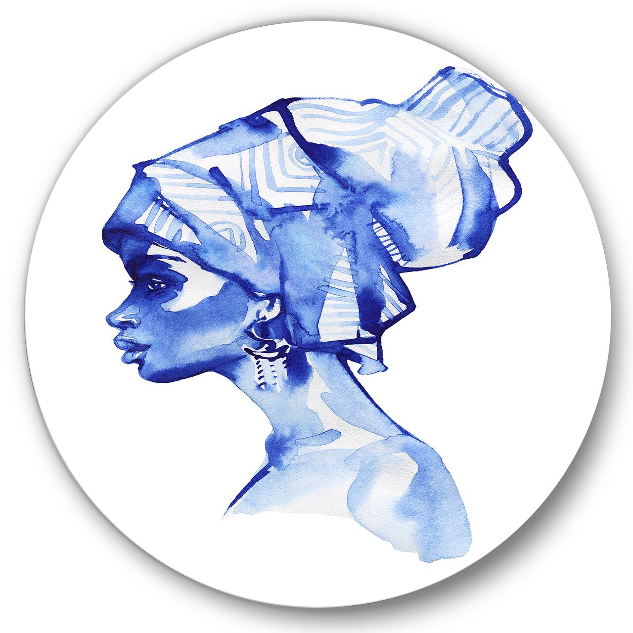Designart - Blue Fashion Portrait of Afro American Woman - Modern Metal Circle Wall Art
